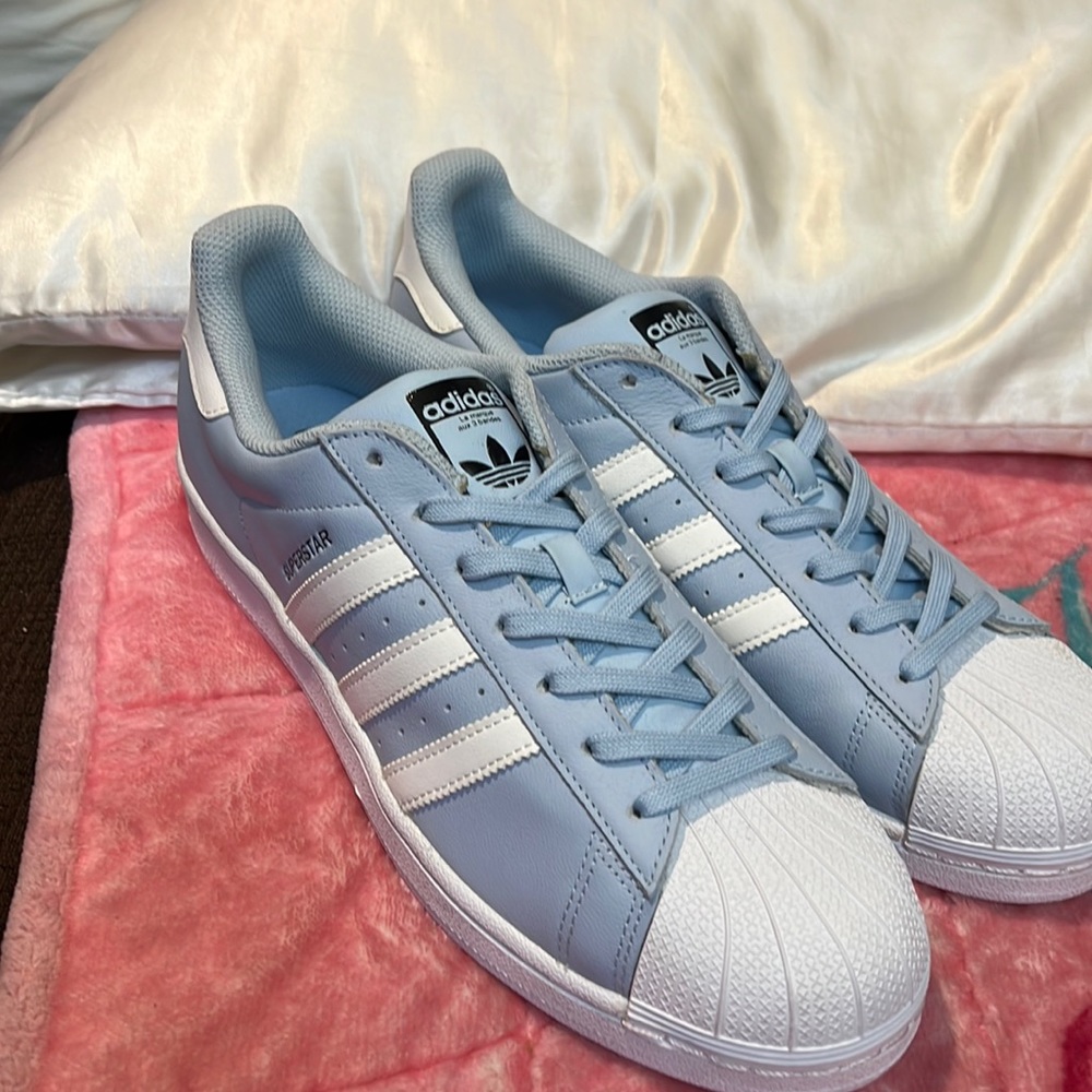 adidas Originals Light Blue and White Superstar Sneakers